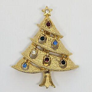 Vtg Signed JJ Gold Tone Christmas Tree Brooch Pin Colorful Rhinestones Star Top